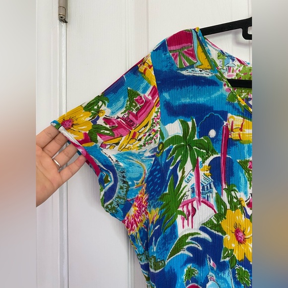 BILA Colorful Floral Tropical Print Midi Dress Blue Size XL Hawaiian Resort - Picture 7 of 17